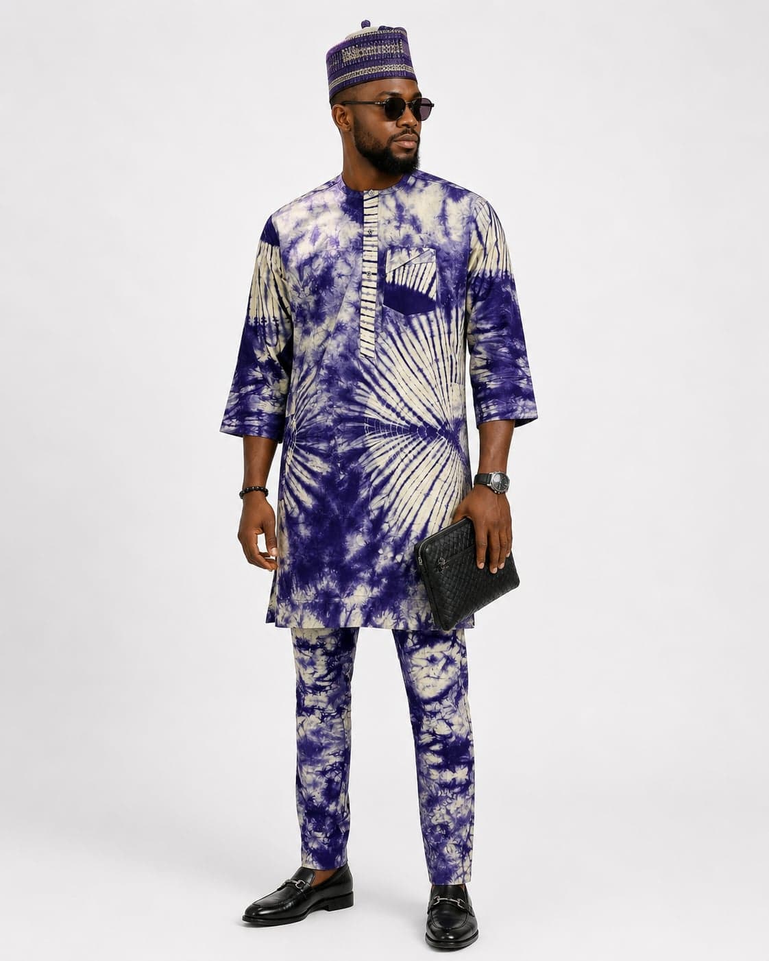 Men’s Tie‑Dye Kaftan — Deep Blue and Cream