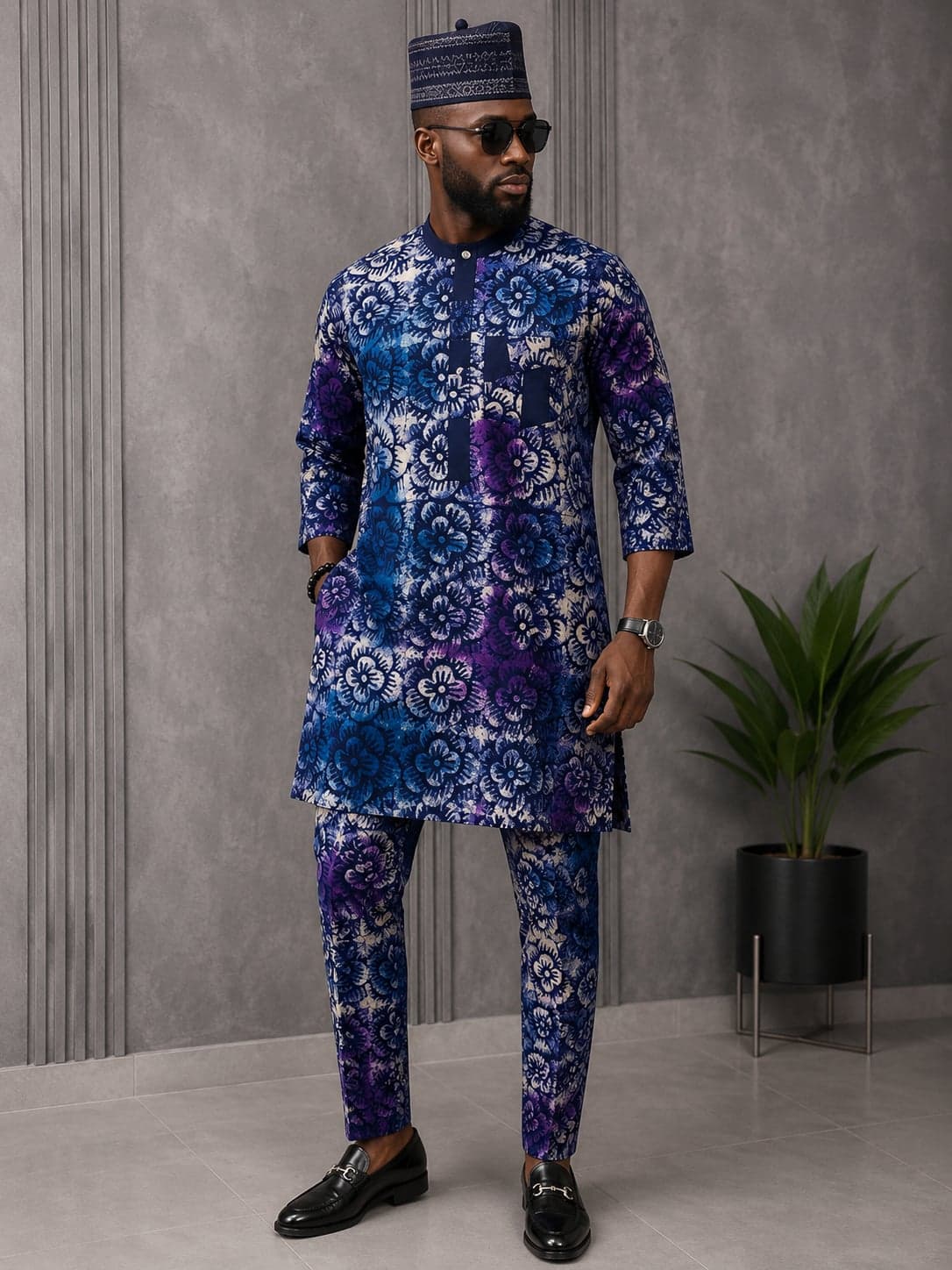 Blue Purple Floral Adire