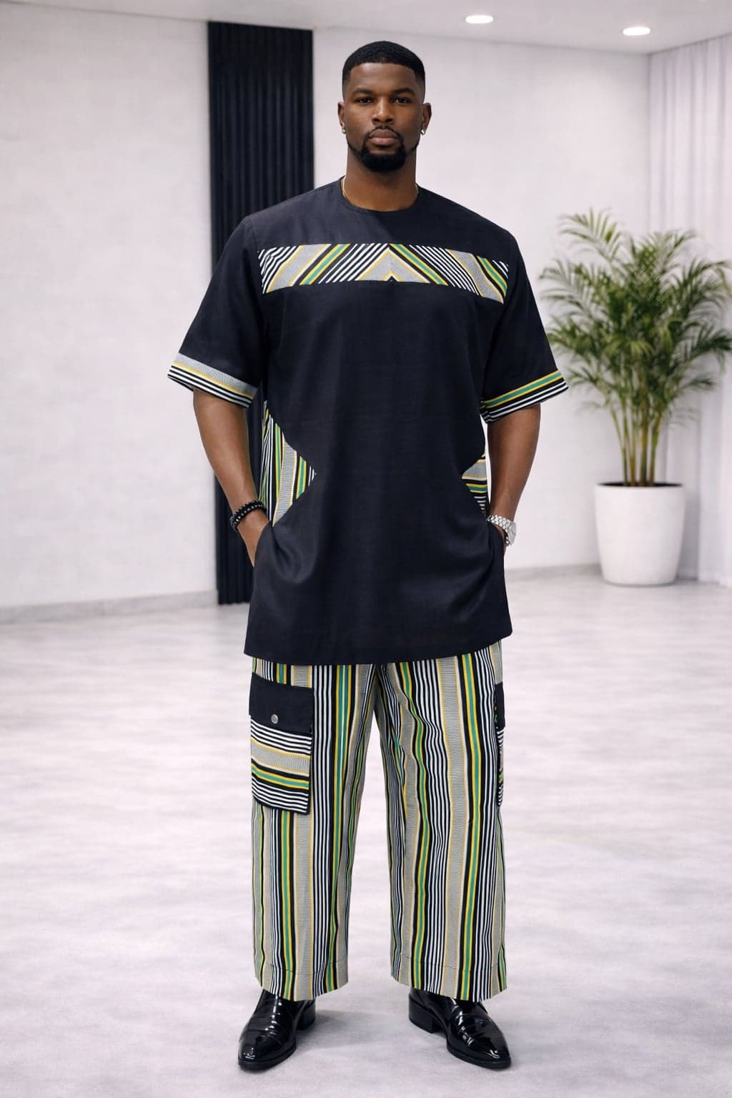 Men’s Patterned Kaftan — Yellow Green Black Stripes