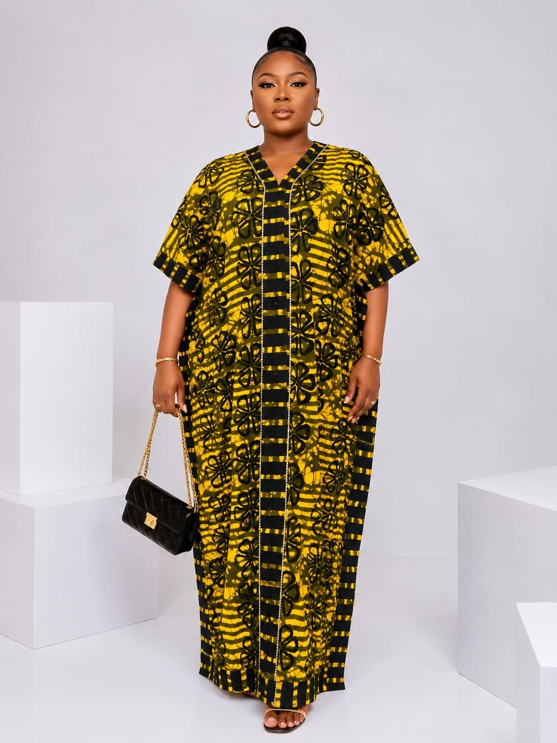 Vibrant Ankara Kaftan – Yellow & Black Edition
